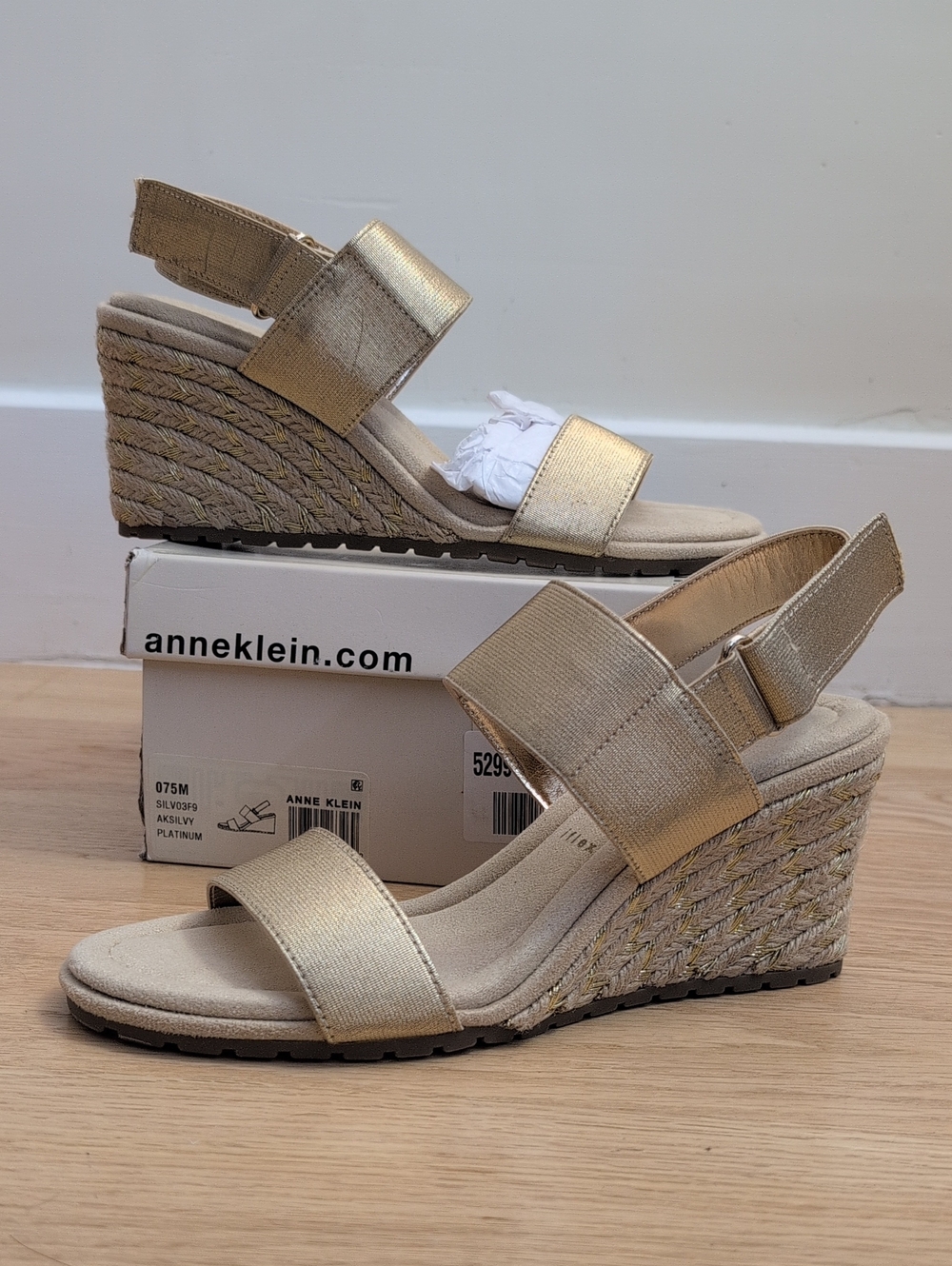 Anne Klein Metallic Soft Gold Slingback Wedge Sandal SIZE 7.5M With Box